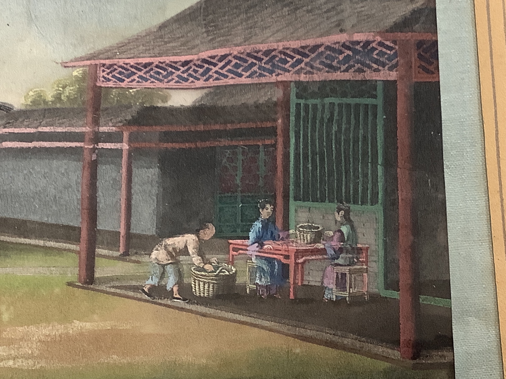 A pair of 19th century Chinese tea production paintings on rice paper, 14 x 23cm and similar group of three portraits